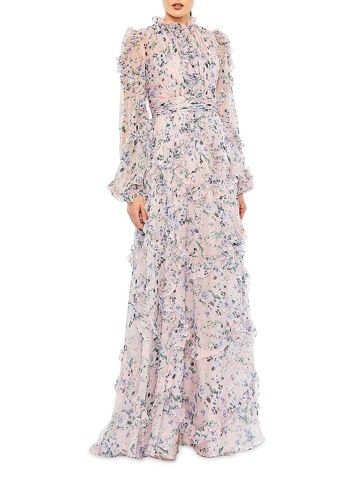 Ruffled Floral Balloon-Sleeve Gown