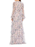 Ruffled Floral Balloon-Sleeve Gown