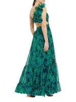 Floral One-Shoulder Cut-Out Gown