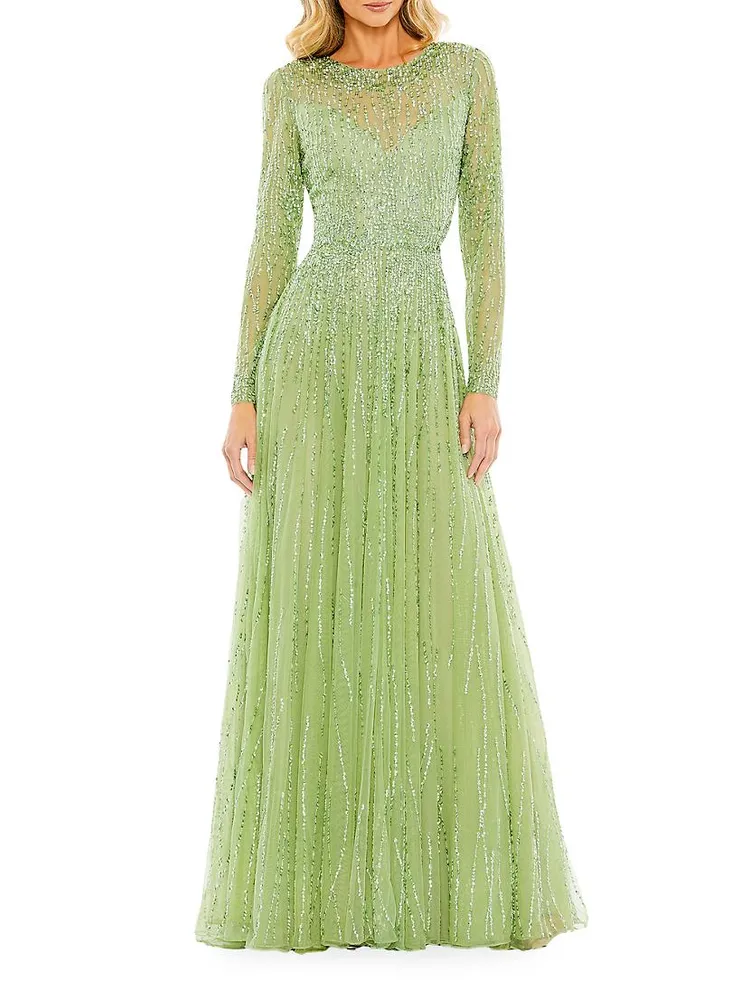 Sequined Long-Sleeve Illusion Gown