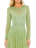 Sequined Long-Sleeve Illusion Gown