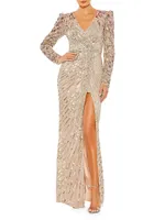 Beaded & Sequined Puff-Sleeve Gown