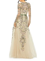 Floral-Embroidered Tulle Gown