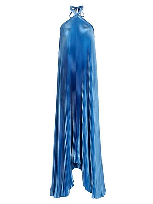 Pleated Asymmetric Halter Gown