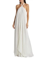 Asymmetric Pleated Halter Gown