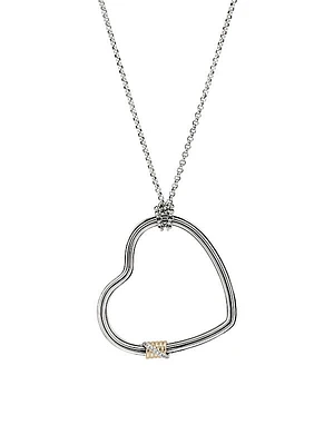 Bamboo Sterling Silver, 14K Yellow Gold & 0.04 TCW Diamond Long Heart Pendant Necklace