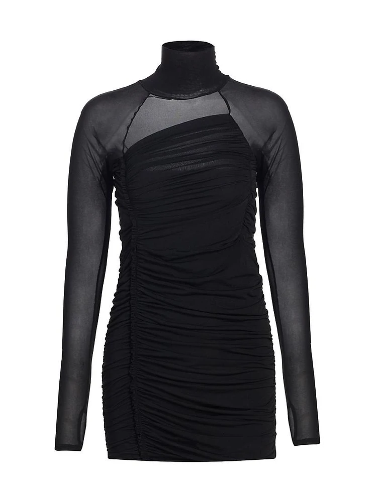 Crepe Ruched Sheer-Accent Turtleneck Minidress