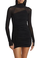 Crepe Ruched Sheer-Accent Turtleneck Minidress