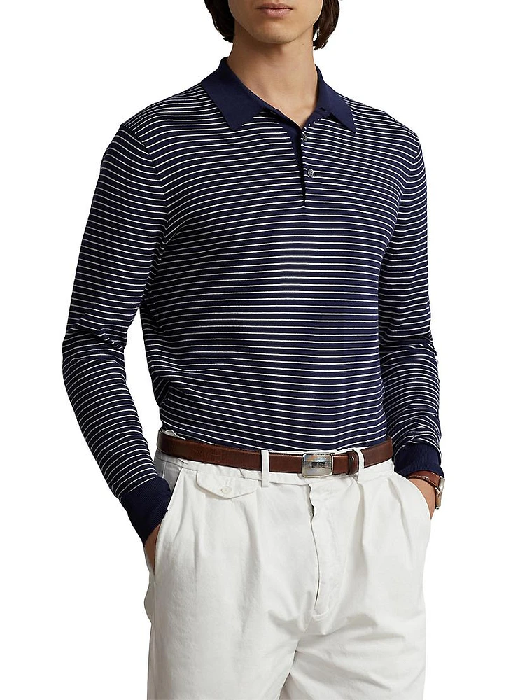 Stripe Knit Long-Sleeve Polo Shirt