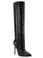 105MM Crocodile-Embossed Leather Knee-High Boots