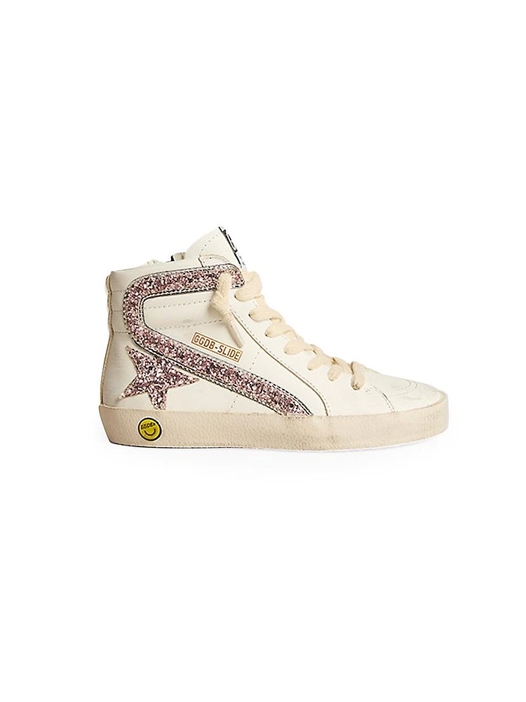 Girl's Glitter-Embellished Leather High-Top Sneakers