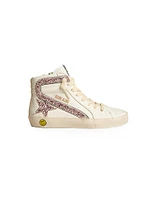 Girl's Glitter-Embellished Leather High-Top Sneakers