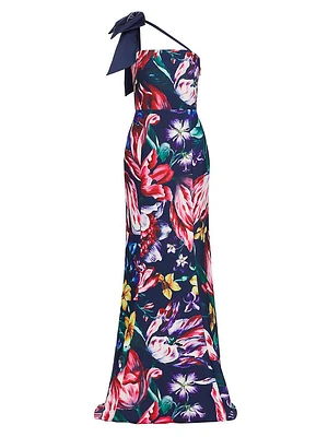 Asymmetric Floral Mikado Satin Gown