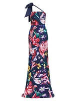 Asymmetric Floral Mikado Satin Gown