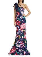 Asymmetric Floral Mikado Satin Gown