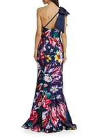 Asymmetric Floral Mikado Satin Gown