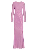 Ruched Rhinestone Mesh Gown