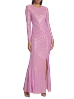 Ruched Rhinestone Mesh Gown