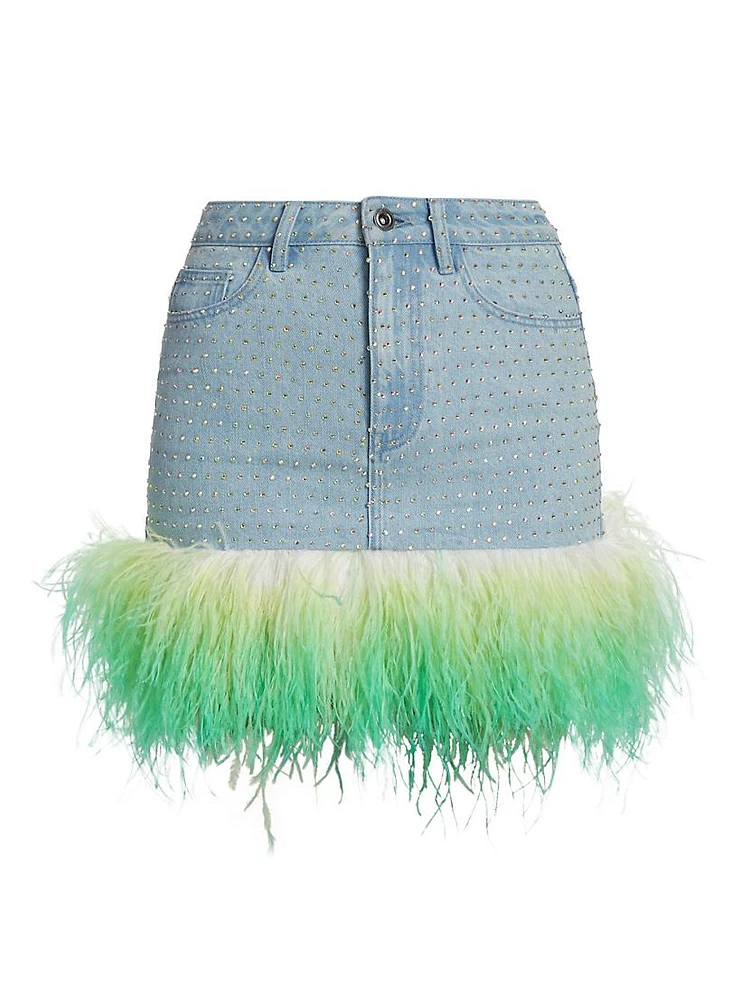 Rhinestone & Feather Denim Miniskirt