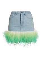 Rhinestone & Feather Denim Miniskirt