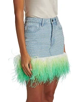 Rhinestone & Feather Denim Miniskirt