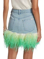 Rhinestone & Feather Denim Miniskirt