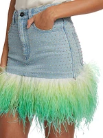 Rhinestone & Feather Denim Miniskirt