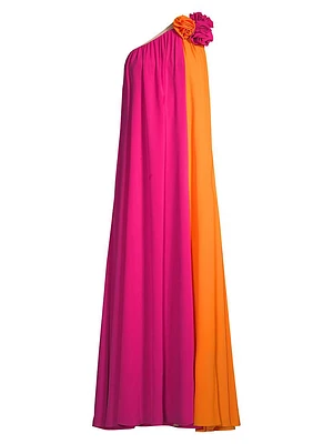 Asymmetric Colorblocked Crepe de Chine Maxi Dress