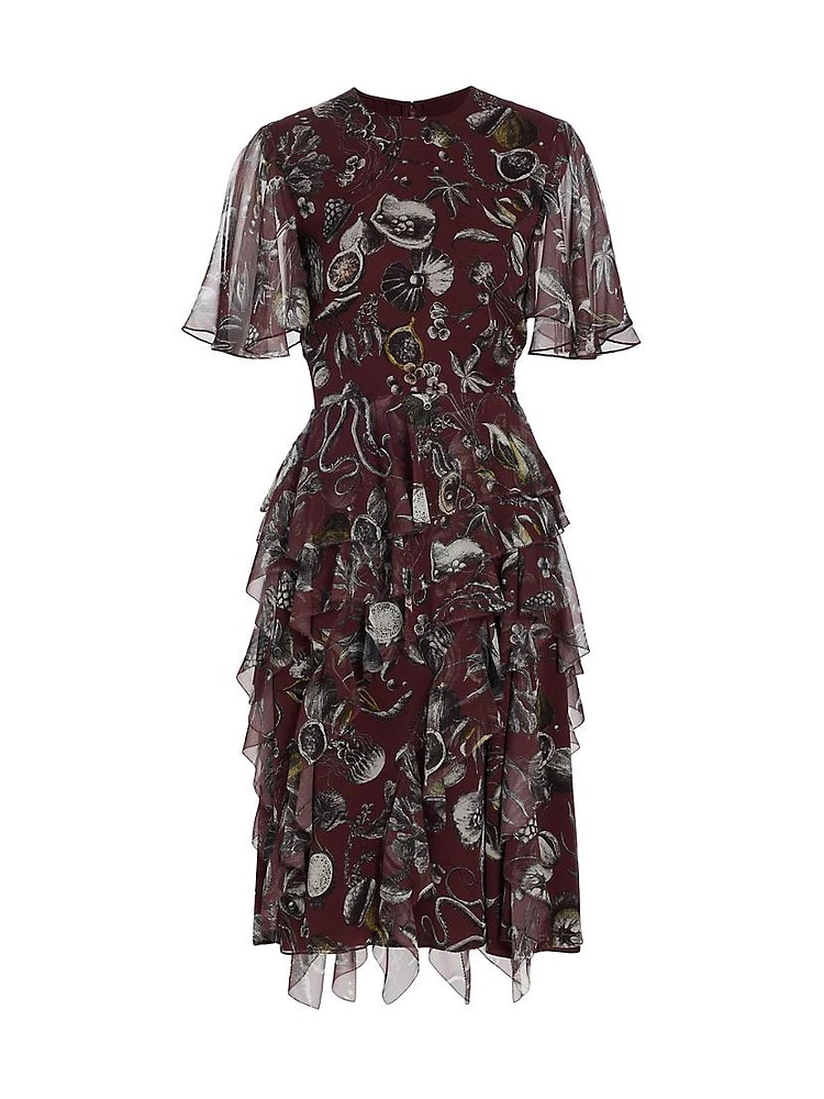 Marine Graphic Silk Ruffled Chiffon Dress