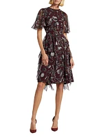 Marine Graphic Silk Ruffled Chiffon Dress