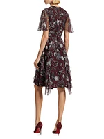 Marine Graphic Silk Ruffled Chiffon Dress