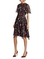 Marine Graphic Silk Ruffled Chiffon Dress