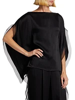 Organza-Trimmed Satin Cape Top