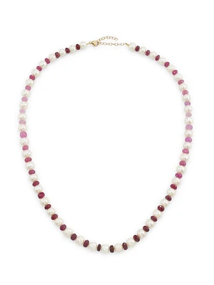 Ocean 14K Yellow Gold, Ruby & Freshwater Pearl Beaded Necklace