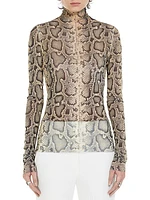 Snake-Print Tulle Turtleneck Top