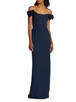 Floral Appliqué Silk Off-the-Shoulder Gown