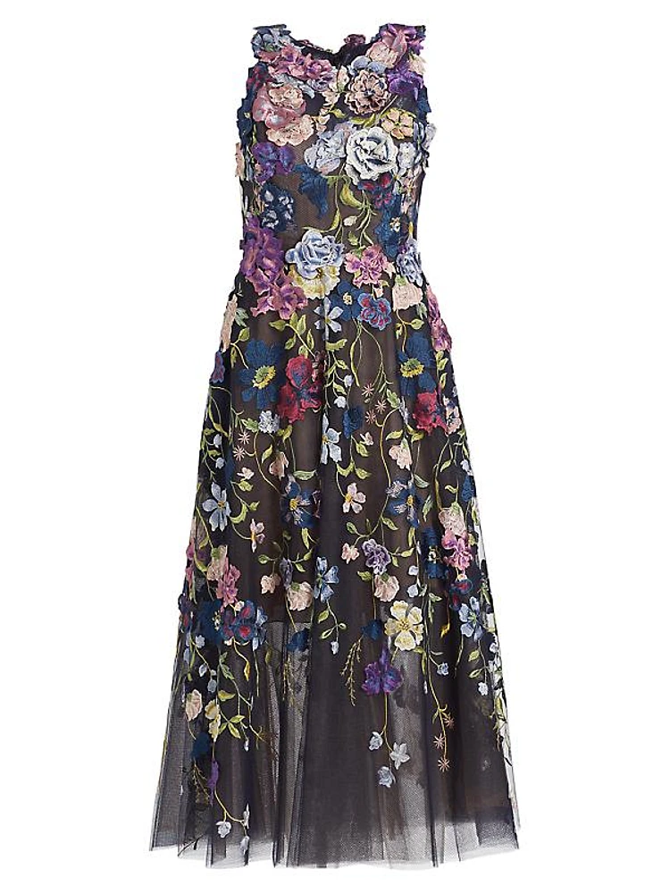 Floral Threadwork Tulle Cocktail Dress