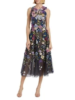 Floral Threadwork Tulle Cocktail Dress