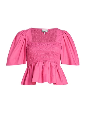 Smocked Cotton Poplin Peplum Blouse