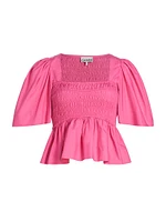 Smocked Cotton Poplin Peplum Blouse