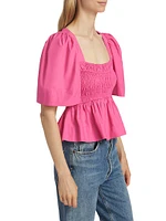 Smocked Cotton Poplin Peplum Blouse