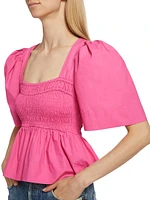 Smocked Cotton Poplin Peplum Blouse