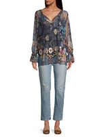 Mazzy Floral-Embroidered Mesh Top