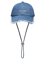 Le Raphia Fringe Denim Baseball Cap