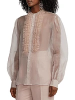 Silk Tulle Crystal Ruffled Blouse