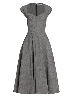 Linen-Blend Falred Midi-Dress