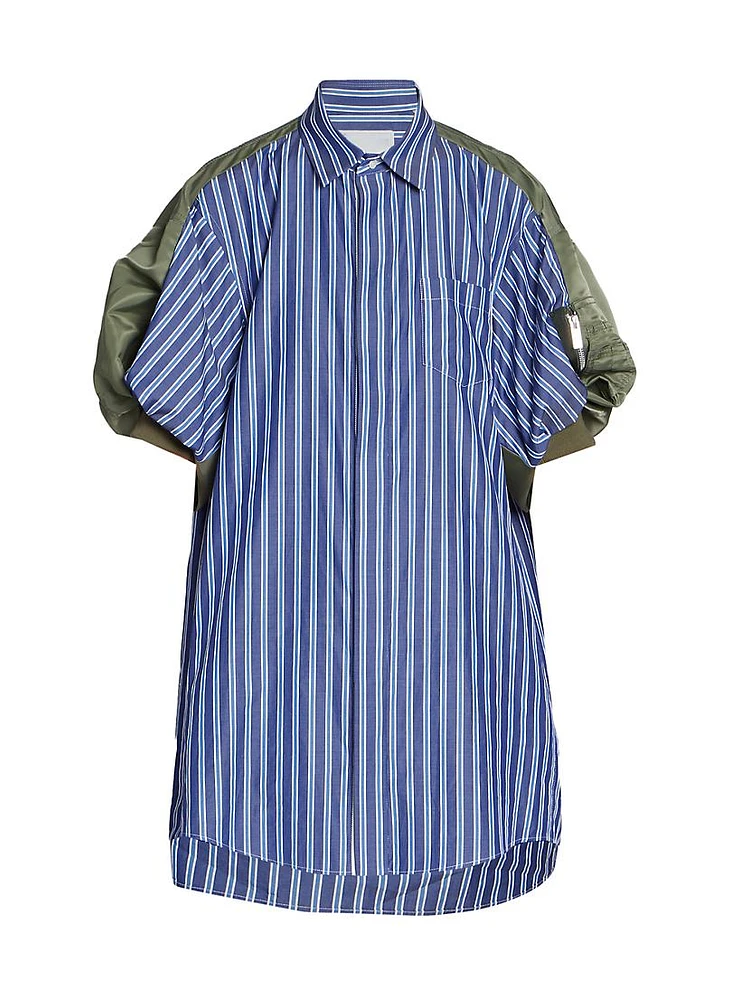 Nylon Twill & Stripe Cotton Shirtdress