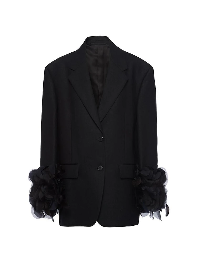 Single-Breasted Wool Jacket with Feather Trim