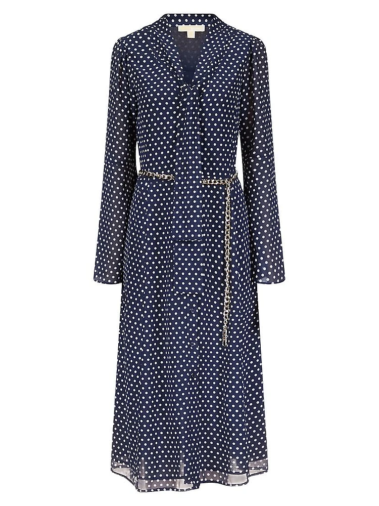 Dotted Tie-Neck Midi-Dress