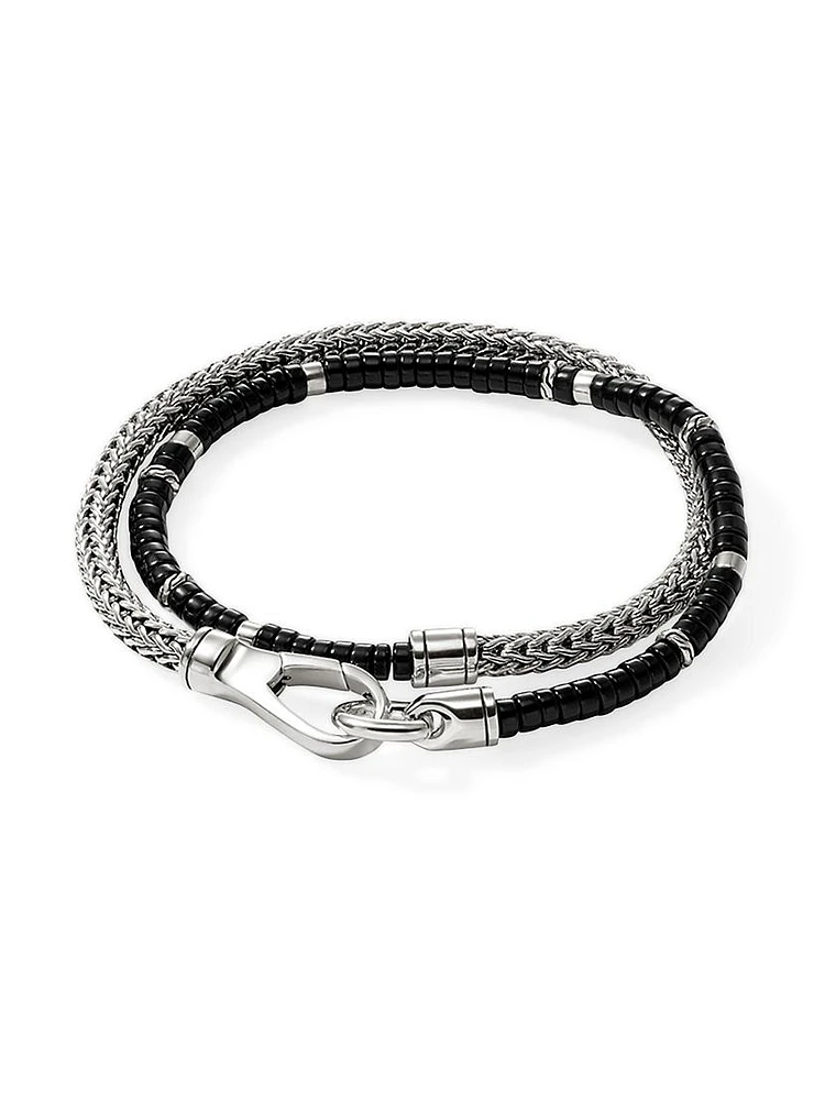 Heishi Sterling Silver & Black Onyx Chain Double Wrap Bracelet